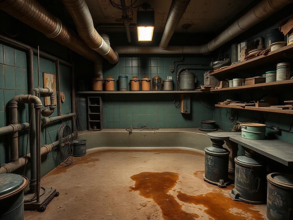 Ancien local technique de piscine avec filtre rouillé et tuyauterie désordonnée
