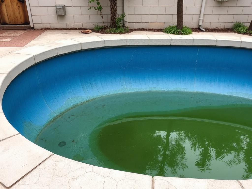 Ancienne piscine au liner défraîchi et à l'eau verte avant rénovation