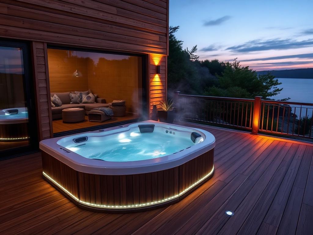 Spa encastré dans une terrasse bois avec éclairage LED au crépuscule